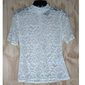 White House Black Market Cream Lace Sheer Short Sleeve Shirt Small Fairycore